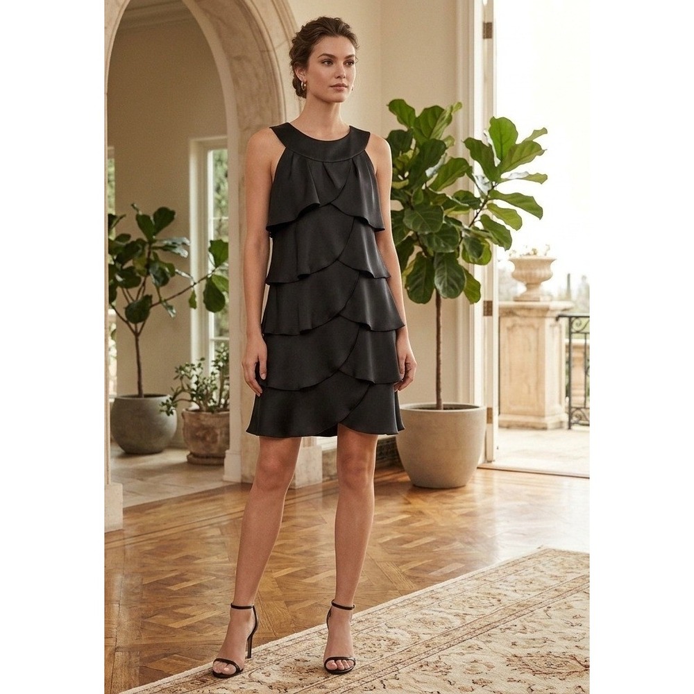 BCBG Paris Dress Black Mini Sleeveless Ruffled Flapper Party Goth Y2K Size 4‎